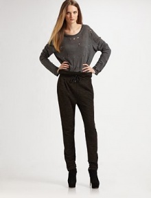 Soft jersey-knit, low-slung for an ultra-modern silhouette.Drawstring waist Pull-on style Slouchy legs Zippers at ankles Inseam, about 30 Rise, about 14 79% cotton/16% nylon/5% rayon Dry clean Imported