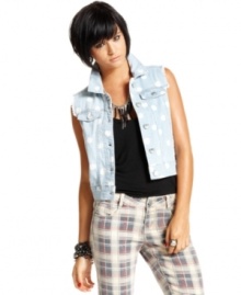 Can't get enough of the denim vest! A polka dot print infuses playful spirit into this must-have style from Material Girl. Can't get enough of the denim vest! A polka dot print infuses playful spirit into this must-have style from Material Girl.