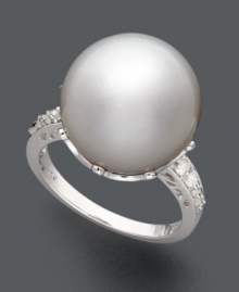 Enchant your audience with this pristine ring. Highlighting a cultured South Sea pearl and sparkling diamond side stones (1/5 ct. t.w.), this is a timeless and versatile piece for your accessory collection. Crafted in 14k white gold. Enchant your audience with this pristine ring. Highlighting a cultured South Sea pearl and sparkling diamond side stones (1/5 ct. t.w.), this is a timeless and versatile piece for your accessory collection. Crafted in 14k white gold.