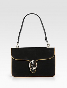 Nubuck leather with gusset construction and contrast piping and lining, finished with a double G closure.Adjustable shoulder strap with G-shaped link accents, 7¾ drop Double G closure Removable engraved logo mirror with leather case Inside zip, snap, and open pockets Leather lining 10¼W X 7H X 2½D Made in Italy Nubuck leather with gusset construction and contrast piping and lining, finished with a double G closure.Adjustable shoulder strap with G-shaped link accents, 7¾ drop Double G closure Removable engraved logo mirror with leather case Inside zip, snap, and open pockets Leather lining 10¼W X 7H X 2½D Made in Italy