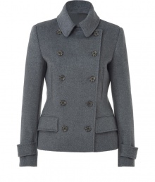 Steffen Schraut gives the classic pea coat its own polished, feminine  spin with this grey wool blend jacket - Fitted, double-breasted cut tapers through waist - Small collar and two rows of decorative buttons - Oversize flap pockets at hips and slash pockets just below the chest - Rear vent and detachable buckle-fastened tab at back - Ultra-versatile style seamlessly transitions from work to weekend - Pair with everything from jeans and a light cashmere pullover to suit trousers and a silk blouse