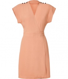 Feminine dress in romantic rose-colored viscose - Slim wrap top with v-neck and short sleeves - Decorative buttons at the shoulders - Figure-flattering with easy waisted belt that ties at back - Favorite dress with flats, heels or booties