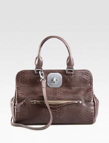 Textured leather adds exotic edge to this classic top-handle silhouette with a versatile strap. Detachable shoulder strap, 24½ dropDouble top handles, 5½ dropTurn-lock closureTwo outside zip pocketsProtective metal feetOne inside zip pocketTwo inside open pocketsFully lined12½W X 9½H X 6¼DImported Textured leather adds exotic edge to this classic top-handle silhouette with a versatile strap. Detachable shoulder strap, 24½ dropDouble top handles, 5½ dropTurn-lock closureTwo outside zip pocketsProtective metal feetOne inside zip pocketTwo inside open pocketsFully lined12½W X 9½H X 6¼DImported