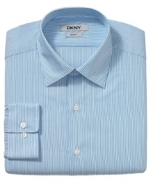 Sleek stripes. This slim-fit shirt from DKNY will be an instant go-to in your nine-to-five rotation. Sleek stripes. This slim-fit shirt from DKNY will be an instant go-to in your nine-to-five rotation.