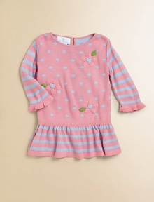 She'll be snug and stylish in this knit frock with ruffled trim, floral embroidery, stripes and polka dots.Round necklineLong sleeves with ruffled cuffsBack keyhole buttonDrop-waistRuffled hemAcrylicMachine washImported