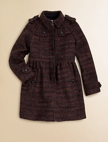 A wonderfully rich wool-blend herringbone tweed is styled with trench details and an elegant, grown-up shape she can wear for dress or for school.Point collar with hook at neckShoulder epaulettesFront button gunflapsEmpire waistLong raglan sleeves with button tabsHidden button placketGently gathered skirtAngled button welt pocketsBack inverted pleat and half beltFully linedAcrylic/wool/nylon/polyesterDry cleanImported A wonderfully rich wool-blend herringbone tweed is styled with trench details and an elegant, grown-up shape she can wear for dress or for school.Point collar with hook at neckShoulder epaulettesFront button gunflapsEmpire waistLong raglan sleeves with button tabsHidden button placketGently gathered skirtAngled button welt pocketsBack inverted pleat and half beltFully linedAcrylic/wool/nylon/polyesterDry cleanImported