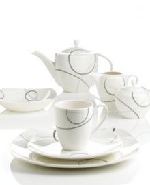 With a free-flowing circle design in shades of gray from Mikasa dinnerware, dishes like these softly squared tidbit plates add fun, contemporary appeal to cocktail hour or afternoon tea. In ultra-durable porcelain. With a free-flowing circle design in shades of gray from Mikasa dinnerware, dishes like these softly squared tidbit plates add fun, contemporary appeal to cocktail hour or afternoon tea. In ultra-durable porcelain.