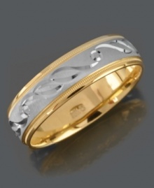 Versatile style to show your commitment. Men's ring features a 14k gold and 14k white gold band with a stylish, engraved design. Sizes 6-13. Versatile style to show your commitment. Men's ring features a 14k gold and 14k white gold band with a stylish, engraved design. Sizes 6-13.