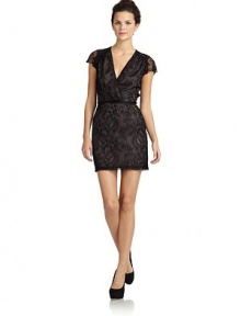 THE LOOKAllover floral lace constructionFlutter sleevesSurplice V-neckBack zip closureTHE FITAbout 31 from shoulder to hemTHE MATERIALSilkFully linedCARE & ORIGINDry cleanMade in USAModel shown is 5'9½ (176cm) wearing US size Small. THE LOOKAllover floral lace constructionFlutter sleevesSurplice V-neckBack zip closureTHE FITAbout 31 from shoulder to hemTHE MATERIALSilkFully linedCARE & ORIGINDry cleanMade in USAModel shown is 5'9½ (176cm) wearing US size Small.