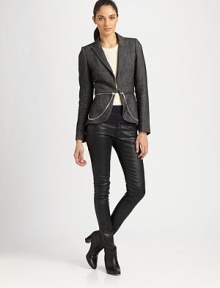 Zipper details, leather trim and a peplum-inspired tailcoat renew this traditional wool and cotton jacket. Notched collarLong sleeves with buttoned cuffsZipper-detailed waistbandBack peplum hemAbout 23 from shoulder to hem55% cotton/45% wool with leather trimDry cleanImportedModel shown is 5'10 (177cm) wearing US size 2. Zipper details, leather trim and a peplum-inspired tailcoat renew this traditional wool and cotton jacket. Notched collarLong sleeves with buttoned cuffsZipper-detailed waistbandBack peplum hemAbout 23 from shoulder to hem55% cotton/45% wool with leather trimDry cleanImportedModel shown is 5'10 (177cm) wearing US size 2.