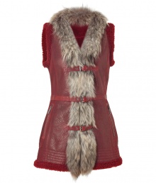 Luxurious shearling vest in red lambs leather and fur - Must-have boho piece for fall and winter - Features a slim, long design with decorative fur at collar and front, zippered pockets and buckles at front - Wear with leggings or skinny jeans and a favorite thin cashmere top underneath Luxurious shearling vest in red lambs leather and fur - Must-have boho piece for fall and winter - Features a slim, long design with decorative fur at collar and front, zippered pockets and buckles at front - Wear with leggings or skinny jeans and a favorite thin cashmere top underneath