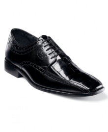 Classic leather and printed panels team up to make these sleek bike toe oxfords the perfect pairing of timeless polish and modern edge. This is one pair of men's dress shoes that will differentiate you from the crowd. Classic leather and printed panels team up to make these sleek bike toe oxfords the perfect pairing of timeless polish and modern edge. This is one pair of men's dress shoes that will differentiate you from the crowd.