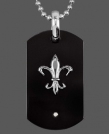 Infuse a little royalty into your style. A symbolic Fleur De Lis adorns this stylish men's pendant. Crafted in titanium and black enamel with a sparkling diamond accent. Comes with a matching bead chain. Approximate length: 24 inches. Approximate drop length: 2 inches. Approximate drop width: 1 inch. Infuse a little royalty into your style. A symbolic Fleur De Lis adorns this stylish men's pendant. Crafted in titanium and black enamel with a sparkling diamond accent. Comes with a matching bead chain. Approximate length: 24 inches. Approximate drop length: 2 inches. Approximate drop width: 1 inch.