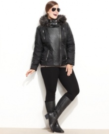 MICHAEL Michael Kors offers the ultimate in cold-weather chic: a plus size motorcycle jacket gets a luxe makeover with chic faux leather and a faux-fur-trimmed hood! MICHAEL Michael Kors offers the ultimate in cold-weather chic: a plus size motorcycle jacket gets a luxe makeover with chic faux leather and a faux-fur-trimmed hood!