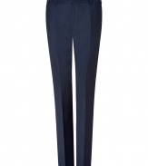 These classic trousers bring sophisticated flair to your stylish workweek or evening look - Modern slim fit, stripe print, front crease detail, front zip and button closure, two front pockets, back slit detail - Style with a cashmere pullover, a slim fit blazer, and dress shoes
