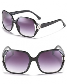 Glamorous oversized square sunglasses with large circular logo detail along open temples.