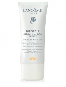 Introducing Lancome's first SPF 30 Tinted Moisturizer with anti-oxidant protection plus natural, even coverage for a visibly flawless result.VITAMIN ENRICHED HYDRATION 24 hour nourishing moisture for ideal hydration without a greasy feel.COMPREHENSIVE PROTECTION Broad spectrum UVA/UVB SPF 30 sunscreen plus anti-oxidant protection.NATURAL PERFECTION The lightweight tinted formula gives moderate, natural coverage for a healthy hint of color. Introducing Lancome's first SPF 30 Tinted Moisturizer with anti-oxidant protection plus natural, even coverage for a visibly flawless result.VITAMIN ENRICHED HYDRATION 24 hour nourishing moisture for ideal hydration without a greasy feel.COMPREHENSIVE PROTECTION Broad spectrum UVA/UVB SPF 30 sunscreen plus anti-oxidant protection.NATURAL PERFECTION The lightweight tinted formula gives moderate, natural coverage for a healthy hint of color.