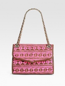 Contrasting woven leather forms an opulent motif on this flap-top shape, finished with a patent leather and chain strap. Adjustable patent leather and chain shoulder strap, 9-16 dropSnap flap closureOne outside open pocketOne inside zip pocketThree inside open pocketsCotton lining10½W X 7½H X 3DImported Contrasting woven leather forms an opulent motif on this flap-top shape, finished with a patent leather and chain strap. Adjustable patent leather and chain shoulder strap, 9-16 dropSnap flap closureOne outside open pocketOne inside zip pocketThree inside open pocketsCotton lining10½W X 7½H X 3DImported