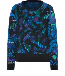Perfect for your most festive affairs, Vanessa Brunos metallic accented intarsia knit pullover counts as a holiday must - Round neckline, long sleeves, solid black ribbed trim, allover tonal metallic intarsia knit patterning, front glitter cluster, tonal sequin and black textural knit embellishment - Slim fit - Wear with edgy separates and just as bright accessories Perfect for your most festive affairs, Vanessa Brunos metallic accented intarsia knit pullover counts as a holiday must - Round neckline, long sleeves, solid black ribbed trim, allover tonal metallic intarsia knit patterning, front glitter cluster, tonal sequin and black textural knit embellishment - Slim fit - Wear with edgy separates and just as bright accessories