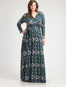 A brilliant print adorns this floor-length dress with a universally flattering wrap design. You will love how the modal fabrication with a touch of stretch complements your curves.Wrap frontLong sleevesPull-on styleAllover printSelf-tie beltAbout 63 from natural waist92% modal/8% spandexDry cleanMade in USA