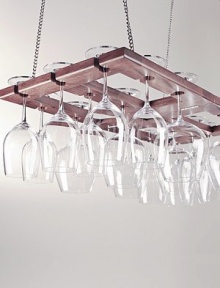 Light-reflecting stems hover like a cluster of stars in a space-saving rack crafted from finished oak suspended by nickel chains. 18-glass capacity Mounting hardware not included 13W X ¾H X 25D; 12 chains Imported Light-reflecting stems hover like a cluster of stars in a space-saving rack crafted from finished oak suspended by nickel chains. 18-glass capacity Mounting hardware not included 13W X ¾H X 25D; 12 chains Imported