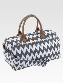 A bold zigzag pattern looks fresh and smart, printed on sturdy cotton and fashioned into a roomy duffel.Top zip closureLeather double handlesDetachable, adjustable shoulder strapInside and outside zip pockets18¾L X 9½H X 9¼DCottonSpot cleanImported A bold zigzag pattern looks fresh and smart, printed on sturdy cotton and fashioned into a roomy duffel.Top zip closureLeather double handlesDetachable, adjustable shoulder strapInside and outside zip pockets18¾L X 9½H X 9¼DCottonSpot cleanImported