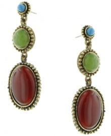 Tri-color jewels. 2028's gold-tone post earrings feature turquoise, carnelian and jade acrylic cabochon stones in increasing sizes. Approximate drop: 1-1/4 inches.