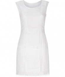 Elegant sheath dress in fine, pure white viscose - Sleeveless style with slim, embroidered lace panels and hem - Round neck, zips at side - Fitted silhouette tapers gently at waist, hits above knee - Sweet and stylish, easily dressed up or down - Pair with peep toe pumps and a clutch or go for a more casual look with flat sandals and a raffia tote