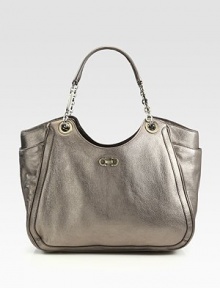 Sumptuous metallic leather takes on a contoured shape in this roomy carryall, topped with leather and chain handles.Double top handles, 7½ dropTwo outside open pocketsProtective metal feetOne inside zip pocketTwo inside open pocketsFully lined13W X 7½H X 5½DMade in Italy Sumptuous metallic leather takes on a contoured shape in this roomy carryall, topped with leather and chain handles.Double top handles, 7½ dropTwo outside open pocketsProtective metal feetOne inside zip pocketTwo inside open pocketsFully lined13W X 7½H X 5½DMade in Italy