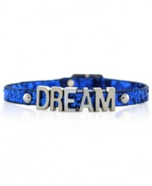 Dream big. BCBGeneration's affirmation bracelet delivers a powerful message, crafted from silver-tone mixed metal on a sparkling blue band. Approximate length: 8 inches.