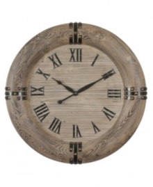 Put in the time with a handsome Dodson wall clock from Uttermost. Measuring over two feet across in natural wood with black metal numbers and antiqued nail heads, it's a handsome piece for down-to-earth settings. Put in the time with a handsome Dodson wall clock from Uttermost. Measuring over two feet across in natural wood with black metal numbers and antiqued nail heads, it's a handsome piece for down-to-earth settings.