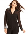 Faux-leather cuffs & collar up the edge on this GUESS chiffon blouse -- perfect for an urban-chic look!