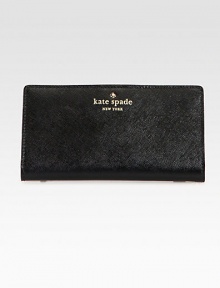 Beautifully textured leather with a lovely logo emblem.Snap button tab closureOne outside zip pocketThirteen credit card slotsFour open compartmentsFully lined6¾W X 3½H X ½DImported Beautifully textured leather with a lovely logo emblem.Snap button tab closureOne outside zip pocketThirteen credit card slotsFour open compartmentsFully lined6¾W X 3½H X ½DImported