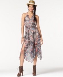 Bar III's uneven hem printed dress has a bohemian feel that pairs well with a fedora and lace-up, peep-toe booties for carefree flair.