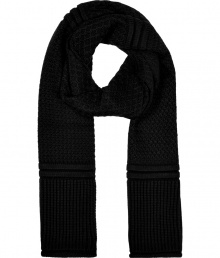 Give your look a sleek finish with Neil Barretts jet black chunky knit scarf, finished with contrast ribbed trim for that high-fashion homespun feel - Rolled ends, wool-mix, contrast knit throughout - Pair with sharply cut outerwear Give your look a sleek finish with Neil Barretts jet black chunky knit scarf, finished with contrast ribbed trim for that high-fashion homespun feel - Rolled ends, wool-mix, contrast knit throughout - Pair with sharply cut outerwear