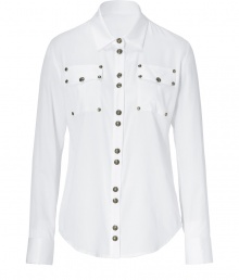 Western-chic style button-down shirt of pure, white cotton - Features large silver-colored double buttons and two adorned  front pockets - Short collar, trim sleeves and rounded hem - Pair with white capris and sandals, or with a pencil skirt or fitted black pants and heels