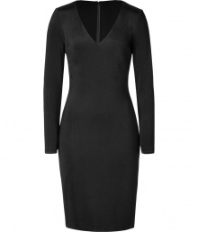 Sophisticated black luxe weight jersey dress by Ralph Lauren - Sleek and sultry, this lavish dress injects classic glamour into your cocktail look -Figure-hugging silhouette, flattering V-neck, and hidden back zip - Style with luxe patterned tights, platform heels, and a studded clutch