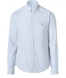Easy, understated and classically cool, Polo Ralph Laurens striped button down is a must in any modern wardrobe - In a soft, pure blue and white printed cotton - New slim cut is more fitted through chest and torso - Small collar, cuffed sleeves and full button placket - Iconic embroidered polo pony logo at chest - Dress up with suit trousers and a blazer, or go for a more casual look with jeans and a pullover