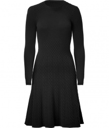 With its lady-chic silhouette and modern textural knit, Valentinos flawless black wool-cashmere dress transitions beautifully from chic days at the office to elegant evening cocktails - Rounded neckline, long sleeves, gathered shoulder detail, ribbed trim - Pair with ankle boots or pin heels