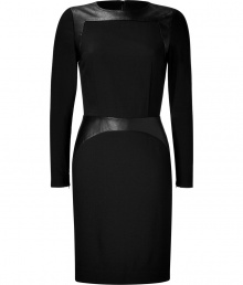 Inject an ultra modern edge into your Little Black Dress collection with LAgences leather detailed crepe sheath - Round neckline, long sleeves, zippered cuffs, leather paneling at shoulders and waist, hidden back zip - Form-fitting - Wear with flawless heels and an oversized envelope clutch