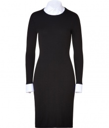 Detailed with a crisp white collar and cuffs, Ralph Lauren Blacks cashmere dress is an easy choice for all-season sophistication - Dress with round neckline, long sleeves, attached white French cuffs, pull-over style, separate classic collar bib with two button closures - Fitted - Wear with opaque tights and timeless leather accessories