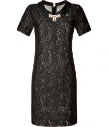 With its opulent black lace overlay and sartorial embellished tie, Moschinos collared sheath is a glamorous take on ladylike elegance - Spread collar, embellished tie detail at throat, short sleeves, exposed metal back zip, nude underlay - Loosely fitted - Wear cinched in with a thin black patent leather belt and heels