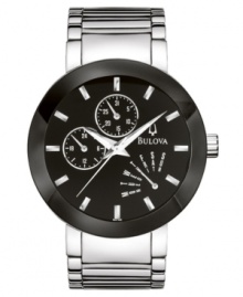 A distinct watch from Bulova, featuring bold contrast and luminous sheen. Silvertone stainless steel bracelet and round case. Round black dial with three subdials, logo and stick indices. Quartz movement. Water resistant to 30 meters. Three-year limited warranty. A distinct watch from Bulova, featuring bold contrast and luminous sheen. Silvertone stainless steel bracelet and round case. Round black dial with three subdials, logo and stick indices. Quartz movement. Water resistant to 30 meters. Three-year limited warranty.