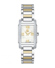 Simply stunning. ESQ by Movado crafted this breathtaking timepiece as part of the Kingston collection. Two-tone stainless steel bracelet and rectangular case. Bezel embellished with 38 diamond accents at left and right. Textured, white, mother-of-pearl dial features goldtone Roman numerals at twelve, three, six and nine o'clock, two hands and logo. Swiss movement. Water resistant to 30 meters. Two-year limited warranty.