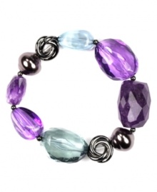 Mix master. A chic combination of beads in different shapes, sizes and colors--including plum, violet and pale blue hues--comprises this stylish stretch bracelet from Jones New York. Crafted in hematite tone mixed metal, the stretch design lets it slip on and off with ease. Approximate diameter: 2 inches.