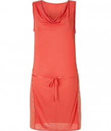 Chic sleeveless dress in fine, lightweight viscose - Colorblocked front and back in two vibrant shades of coral - Tank-style bodice with elegant, draped cowl neck - Belted waist with ribbon tie - Grommet detail at sides extends from just beneath the arm to hem - Casually cool and polished, works for both day and evening - Pair with sandals, wedges or open toe ankle booties