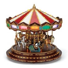 An intricately detailed collector's item, this carousel delights with multicolored illuminated façade panels, a musical light show with over 100 mini LEDs, intricately handpainted figures and beautiful decorative scrollwork. Plays 20 Christmas carols and 20 year-round classics in three different settings. An intricately detailed collector's item, this carousel delights with multicolored illuminated façade panels, a musical light show with over 100 mini LEDs, intricately handpainted figures and beautiful decorative scrollwork. Plays 20 Christmas carols and 20 year-round classics in three different settings.