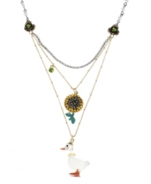 Your new feathered friend. This Betsey Johnson's three-row pendant necklace is detailed with duck and sunflower charms and sparkling crystal accents. Three chains crafted in gold tone mixed metal, glass pearls and crystal cups. Approximate length: 15 inches + 3-inch extender. Approximate drop: 4 inches.