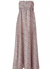 Luxe dress in fine, multicolor cotton, linen and silk blend - Ultra-feminine, summer-ready floral motif - Chic, on-trend maxi style with long, gently pleated skirt - Empire bodice with spaghetti straps - Zips at back - Pretty and polished, ideal for both day and evening - Pair with gladiators, wedges or platform sandals