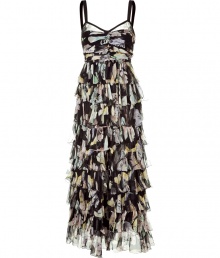 Gorgeous, dramatic dress in pure silk - Romantic, multicolored floral print with black - Lightweight feminine silhouette with lots of movement - Narrow shape with structured top and built-in bustier - Slightly fair ruffled skirt - Tredy maxi length - Pair with heeled sandals and a fun clutch for any summertime party Gorgeous, dramatic dress in pure silk - Romantic, multicolored floral print with black - Lightweight feminine silhouette with lots of movement - Narrow shape with structured top and built-in bustier - Slightly fair ruffled skirt - Tredy maxi length - Pair with heeled sandals and a fun clutch for any summertime party